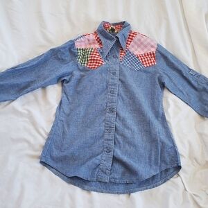 Hillbilly Vtg 1970's Faux Denim Gingham Checked Inserts Button Down Shirt, Sz 5